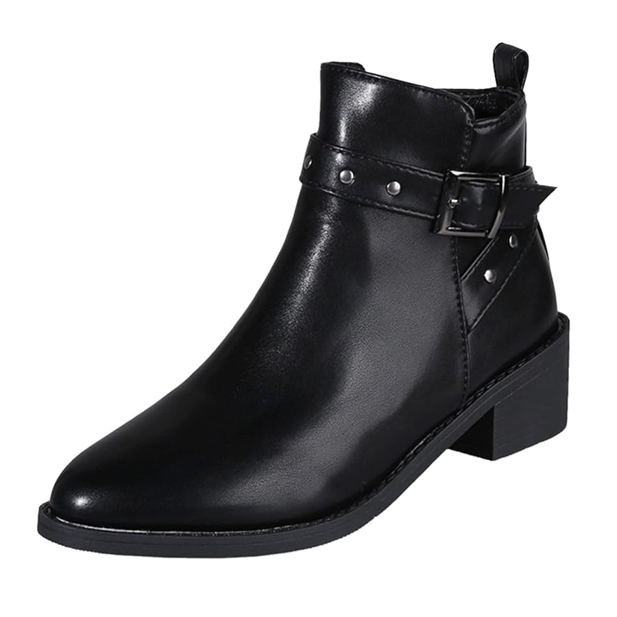 靴 twisted leather pointed toe zip boots Buckle Studded Decor Zipper Side Boots For Women Retro